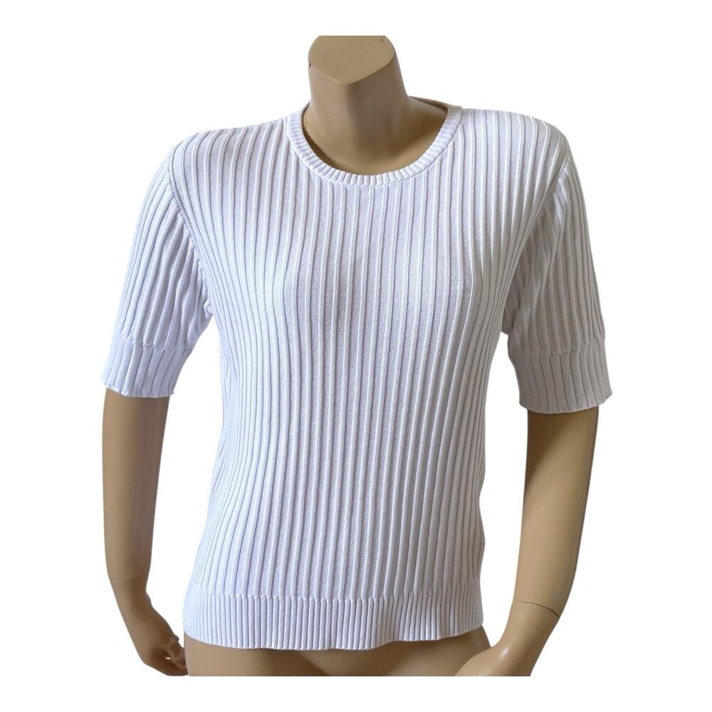 Carlisle Sweater Womens L Vintage White Ribbed Short Sleeve 100% Cotton Knit Top